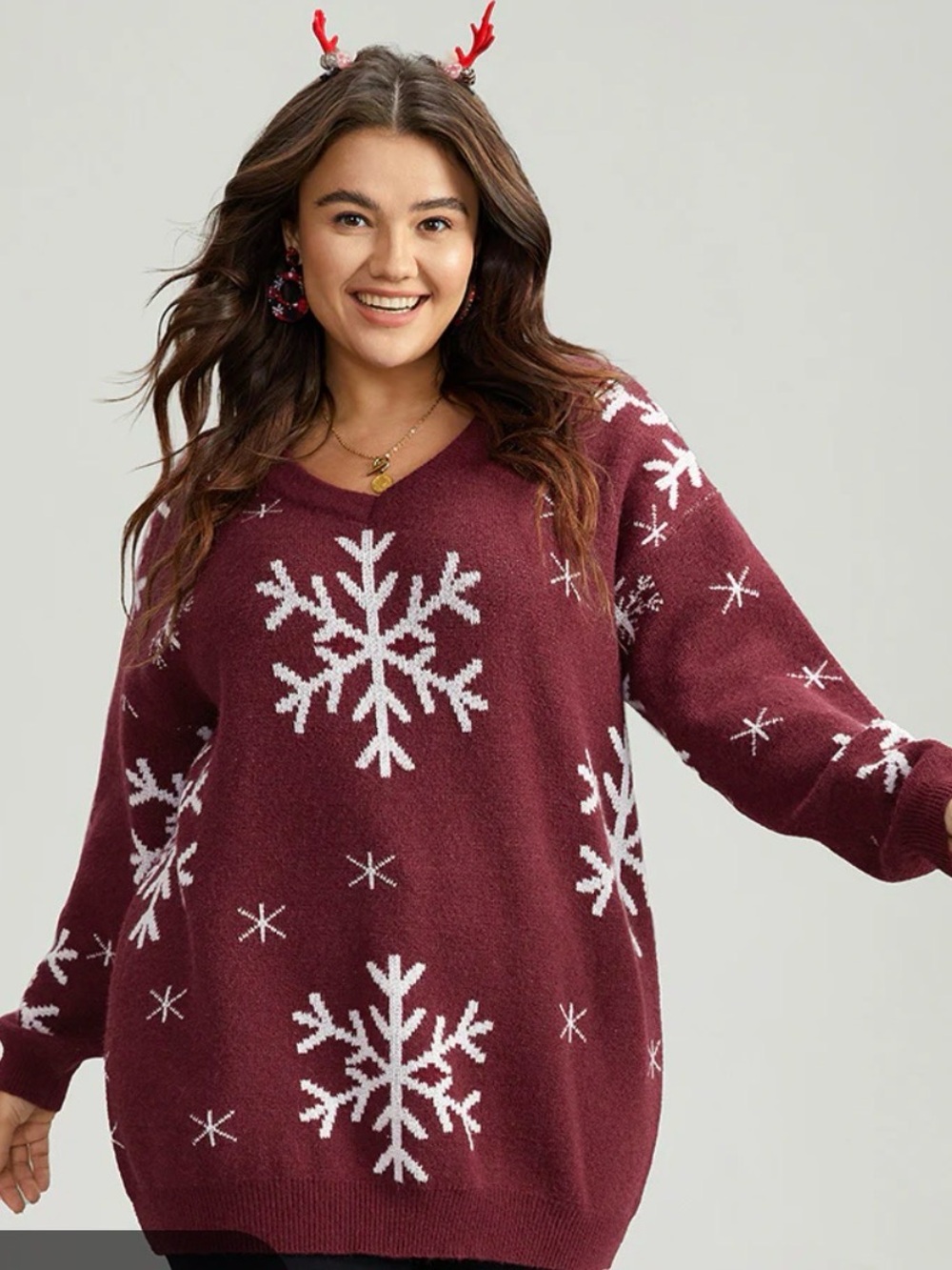 BloomChic Burgundy V-Neck Snowflake Knit Sweater 26 4x